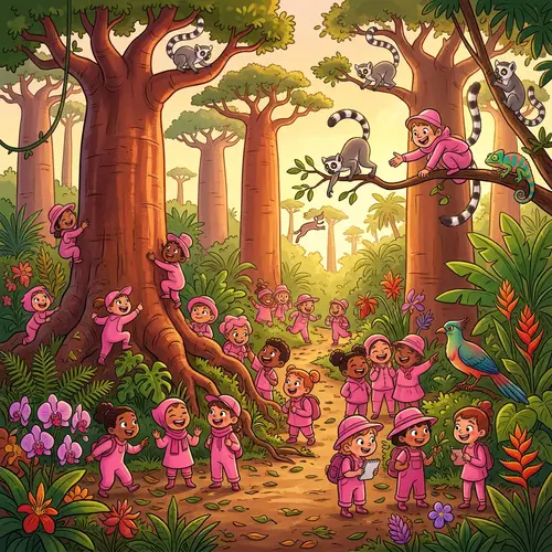 Joyful Pink Outfits Explore Madagascar's Exotic Landscapes