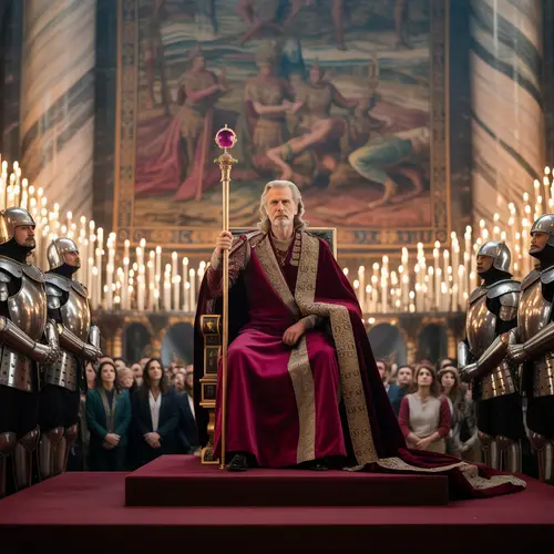 Regal King and Loyal Guards in Opulent Hall