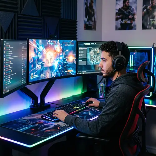 Intense Middle-Eastern Gamer in High-Tech Gaming Setup