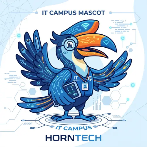 Cheerful Blue Hornbill IT Campus Mascot Illustration