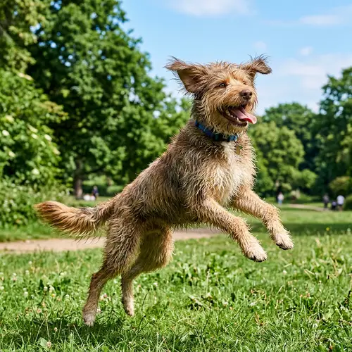 Playful Medium-Sized Brown Dog Catching Ball in Green Park