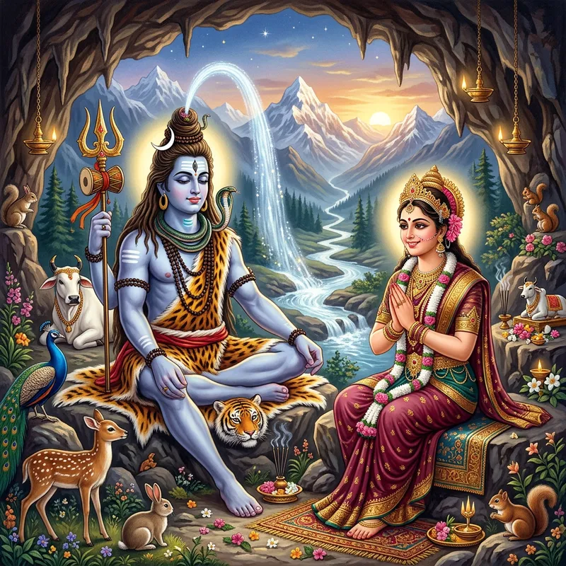 Shiv and Parvati - Divine Hindu Gods in Serene Himalayan Setting