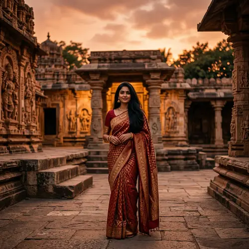Beautiful Indian Woman in Traditional Attire at Old Temple