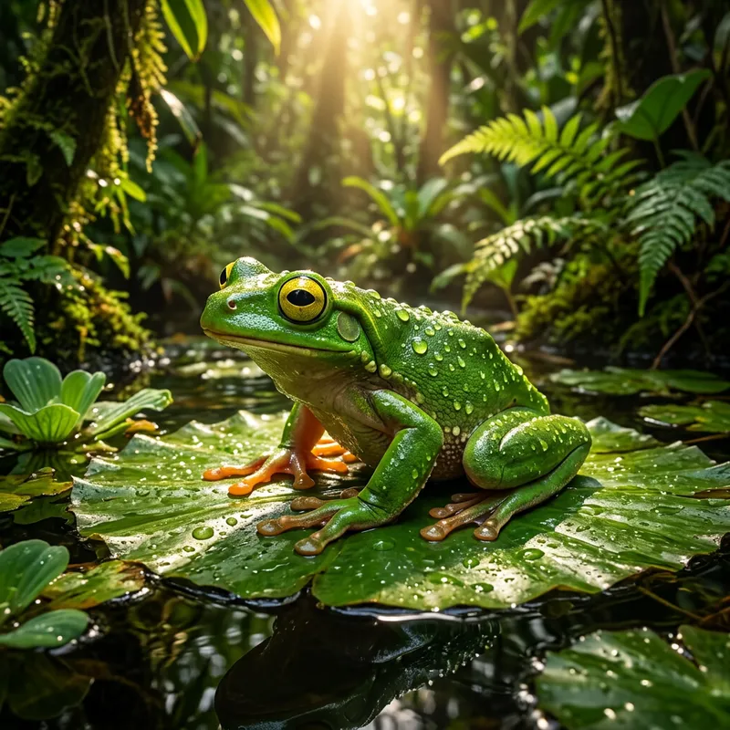Colorful Frog on Lilypad in Tropical Rainforest