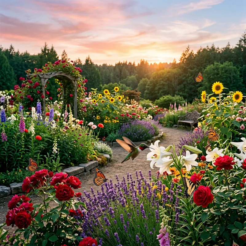 Beautiful Sunset Flower Garden: Roses, Sunflowers, Lavender