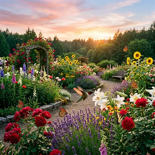 Vibrant Flower Garden at Sunset: Roses, Sunflowers, Lavender