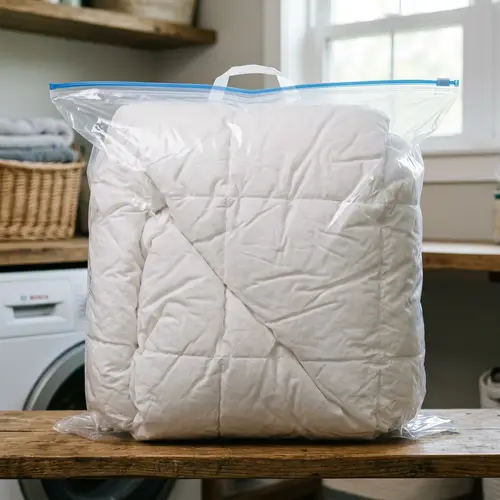 Crystal Clear Plastic Bag Holding Fluffy White Duvet