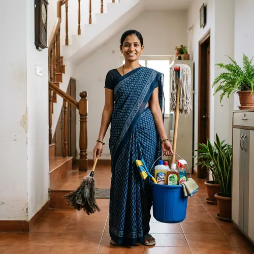 South Asian Female Housemaid with Cleaning Tools