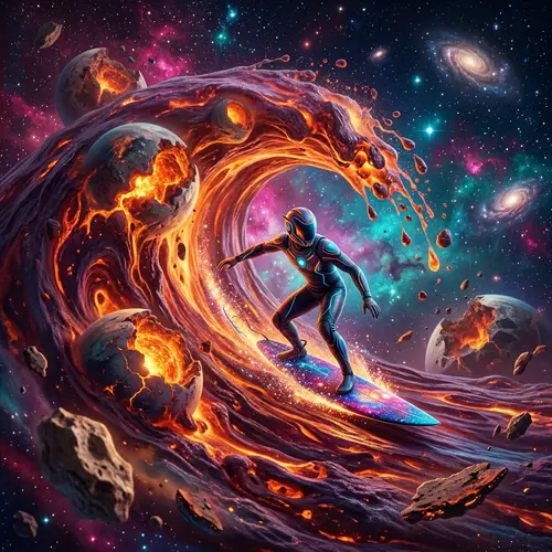Surreal Surfer Rides Melting Planets in Space