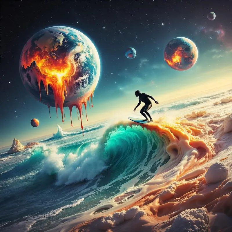 Surreal Surfer Rides Melting Planets in Space