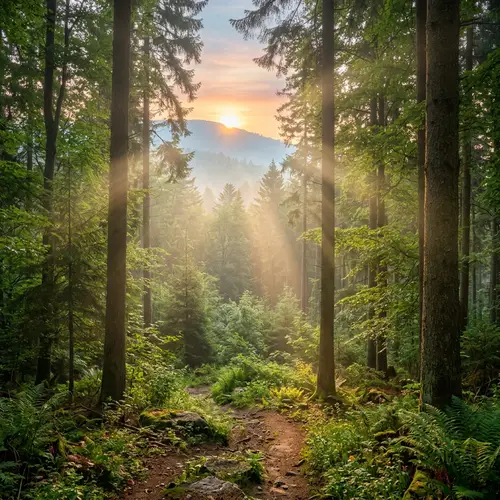 Tranquil Mountain Forest at Sunrise - Serene Nature Scene