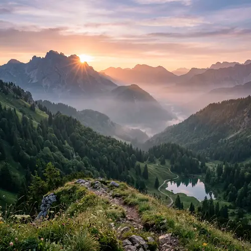 Tranquil Sunrise Over Lush Green Mountains