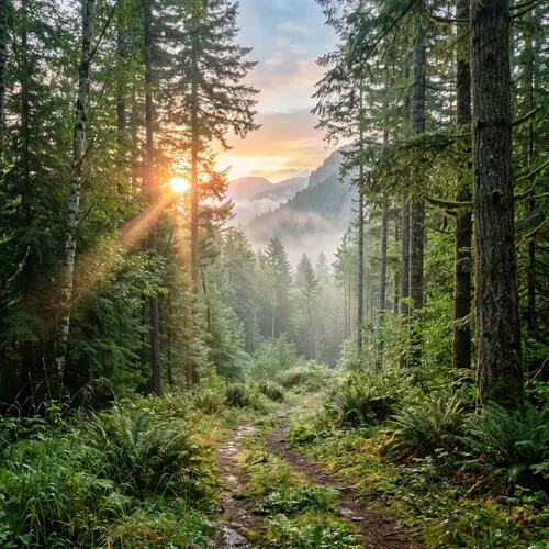 Serene Sunrise in Mountainous Forest - Nature Photography