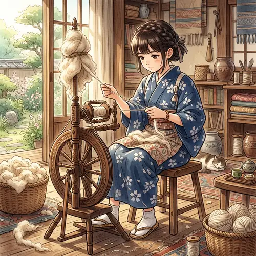 East Asian Girl Spinning Wool on Antique Wheel