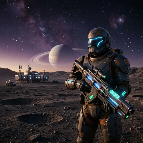 Space Soldier with Helmet and Laser Weapon