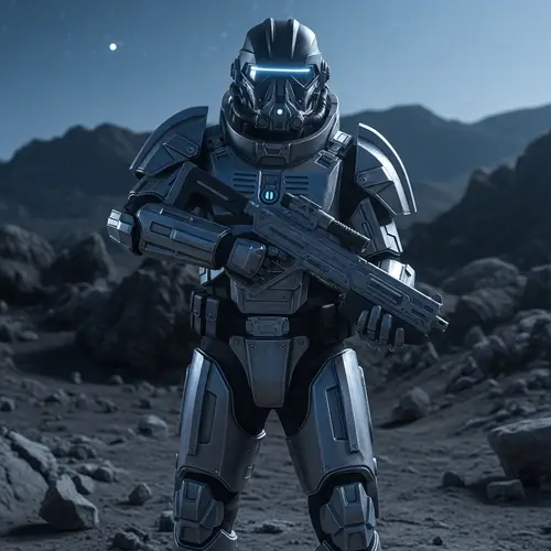 Space Soldier with Helmet and Laser Weapon