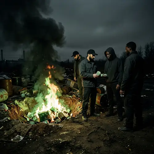 Burning Hazardous Waste - Eerie Night Scene with Crime and Money