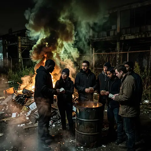 Dark Scene with Toxic Waste and Mafias Holding Money