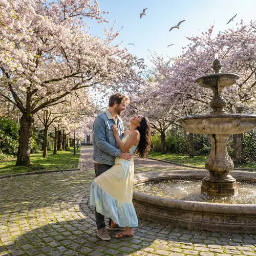 Romantic Moments: Couple in Cherry Blossom Park