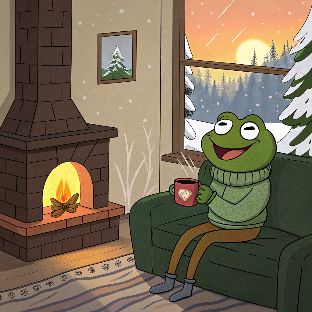 Cozy Pepe the Frog Enjoys a Winter Morning | AI Art Generator |  Easy-Peasy.AI