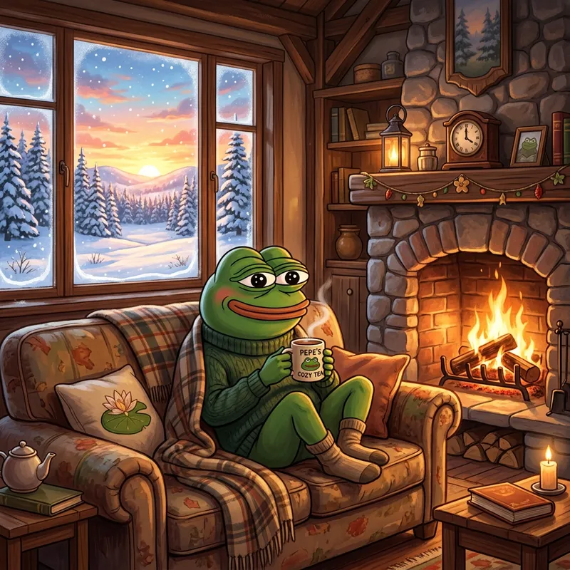 Cozy Pepe the Frog Enjoys a Winter Morning Cozy Pepe the Frog Enjoys a Winter Morning