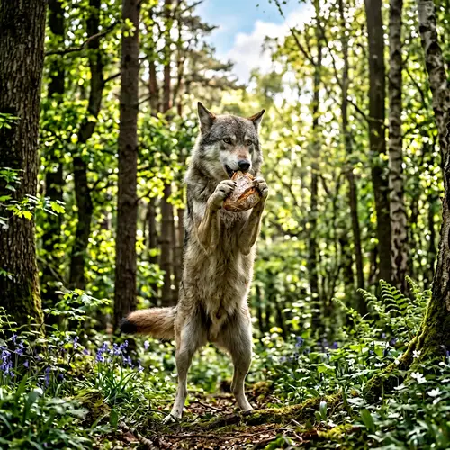 Wolf Eating Bread in a Forest Landscape