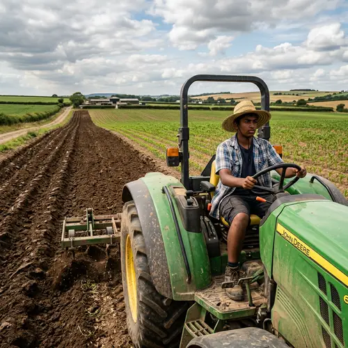 South Asian Boy Driving Agriculture Tractor in Field