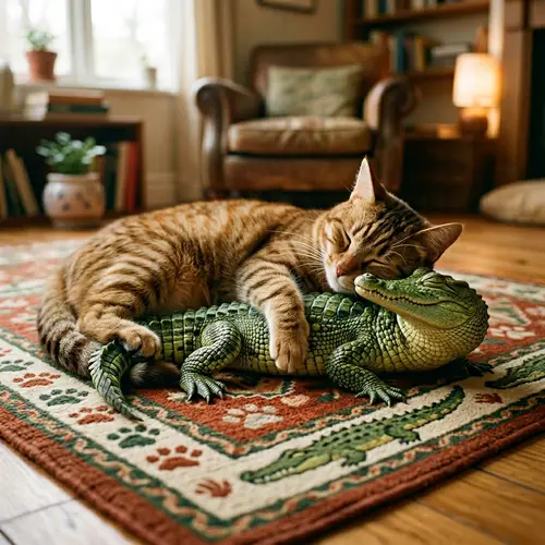 Cat Embracing Crocodile in Cozy Setting