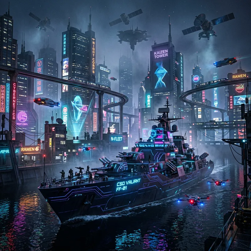Cyberpunk Warship in Neon Cityscape