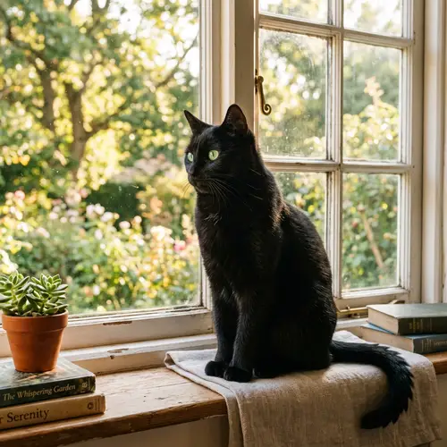 Elegant Black Cat on Sunlit Windowsill