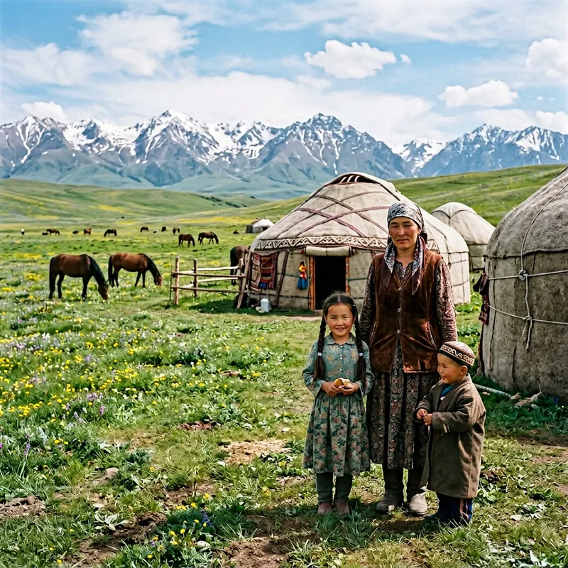 Harmony of Kazakh Steppe: Mountains, Horses, Yurts, and Family Bond