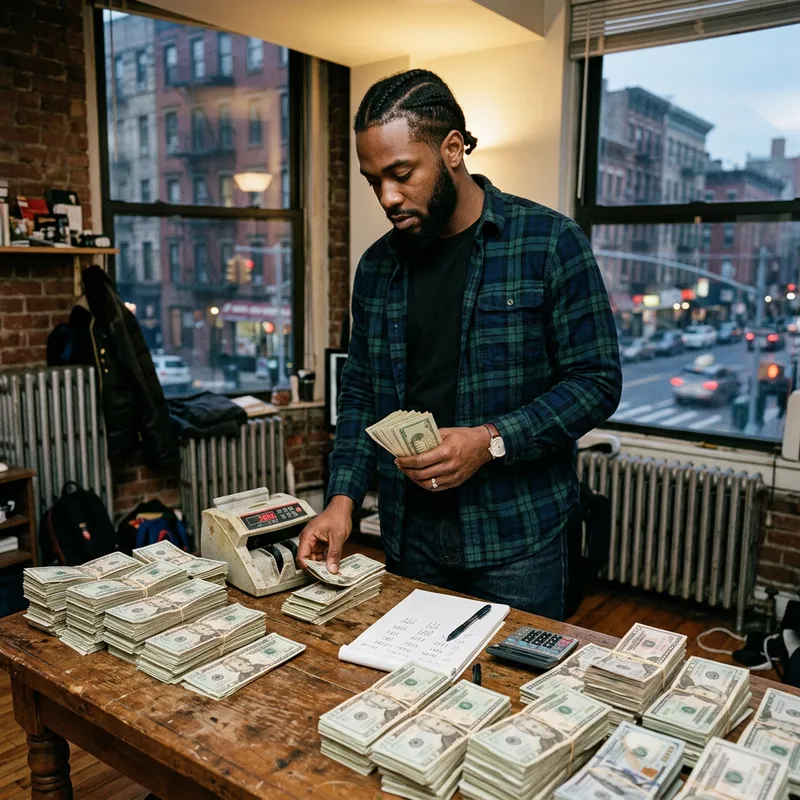 Money Counting Scene with Cash in Urban Setting