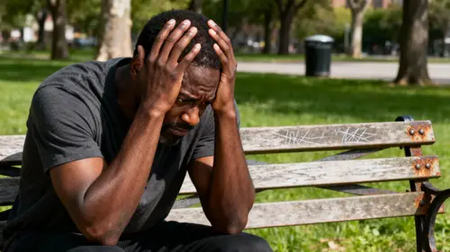 Man in Distress on Park Bench