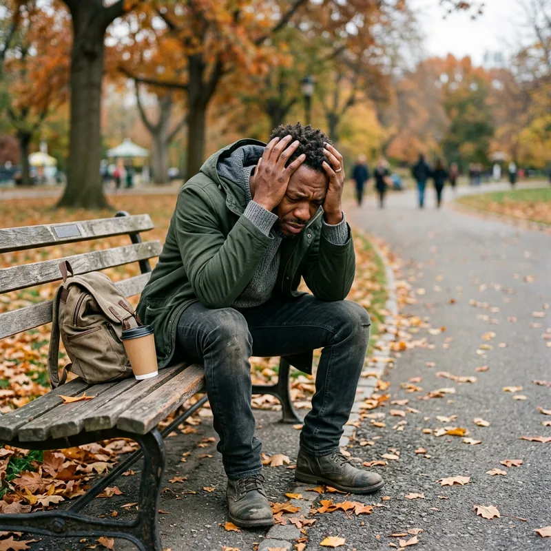 Man in Distress on Park Bench