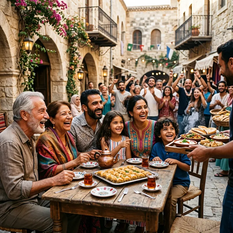 Multigenerational Family Enjoying Baklava in Vibrant Village Gathering