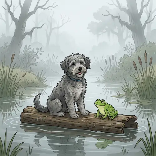 Misty Marshland Clipart: Dog and Frog on Floating Log