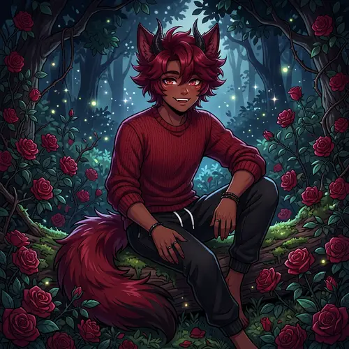 Anime-Style Male Character with Fluffy Dark Red Hair in a Dark Forest