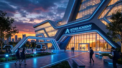 Futuristic Academy Entrance at Sunset