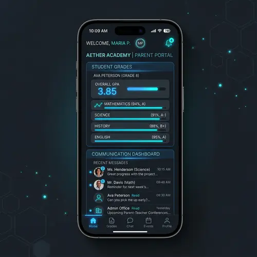 Futuristic School Parent Portal Mobile App Interface