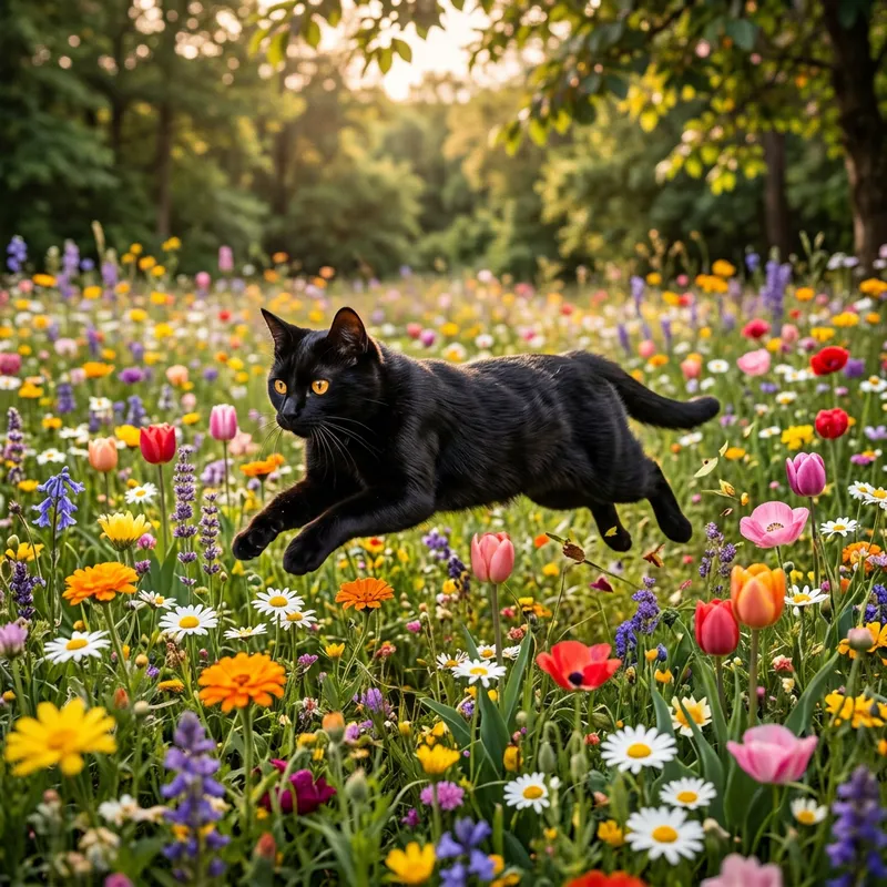 Black Cat Running in a Patch of Flowers
