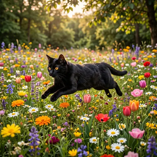 Black Cat Running in a Patch of Flowers