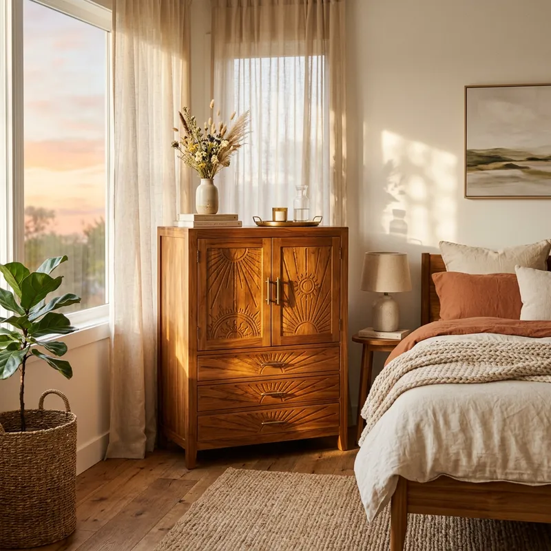 Sun-Inspired Teak Wood Cabinet Furniture for Serene Bedroom Decor