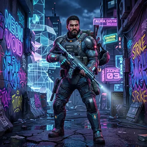 3D 4K Valorant-Inspired Hispanic Male Character with Futuristic Weapons and Armor