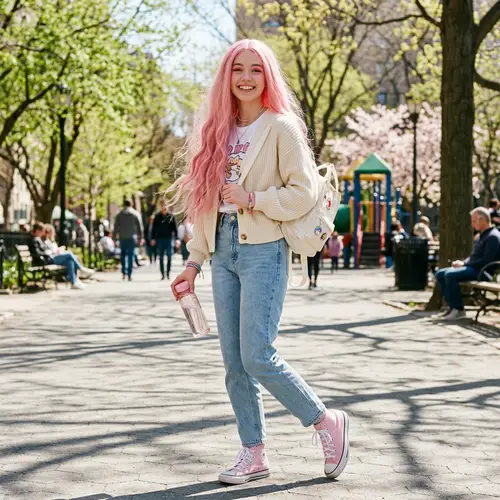 Cheerful Girl with Long Pink Hair and Pink Eyes