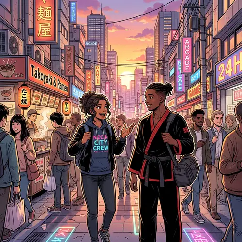 Manga-Style Cityscape Illustration with Diverse Characters Conversing