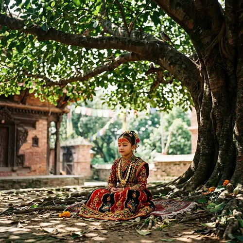 Tranquil Kumari in Traditional Dress Under Sunlit Tree