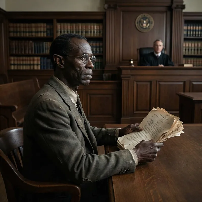 Emaciated Black Man with Pointed Ears in Courtroom