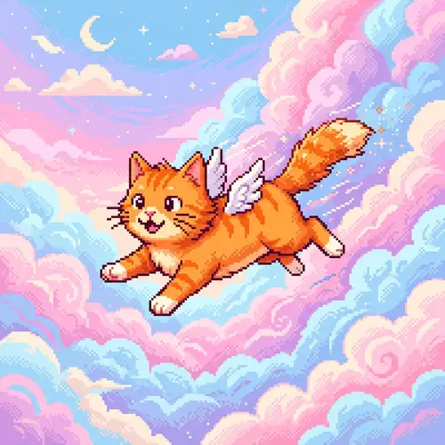 Orange Cat Flying in Cotton Candy Sky | Pixel Art Illustration