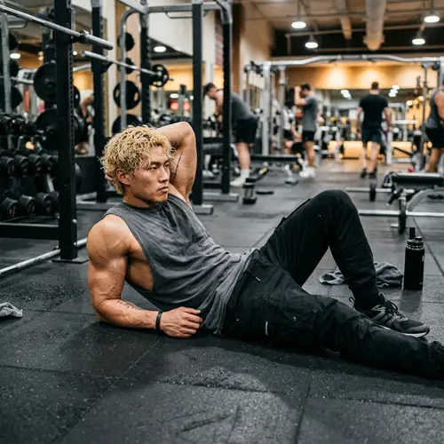 Blonde Curly-Haired Korean Man in Gym | Intense Concentration