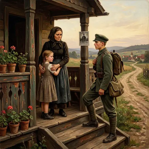 Romantic Oil Painting of Mother and Daughter in War